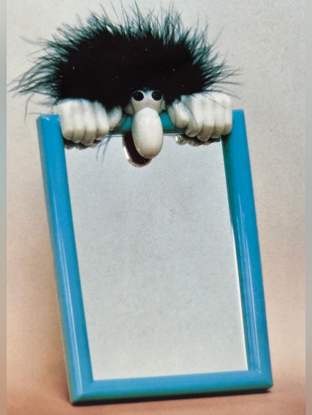 Vintage 90s Home Decor Vanity Funny Face Mirror Blue Frame Fuzzy Hair Muppet